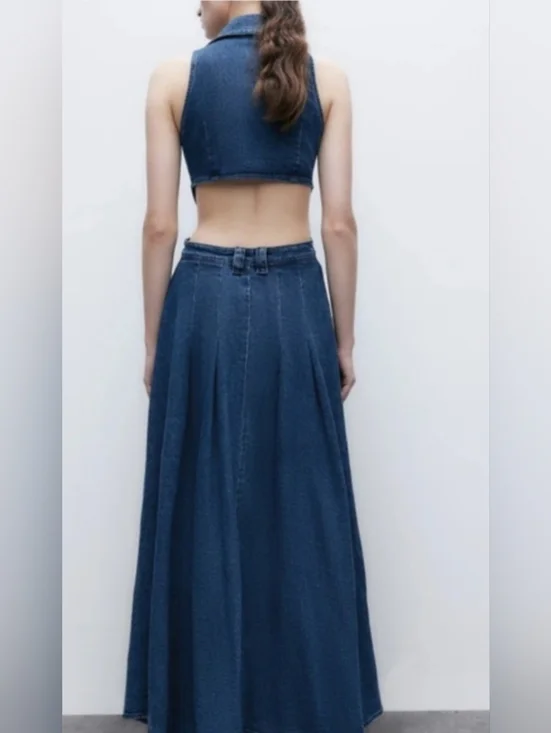 Urban Revivo | Cut-Out Sleeveless Denim Maxi Dress | Deep Blue Wash | Y2K - Picture 5 of 5